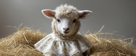 AI Generated. Adorable Lamb in Floral Dress Sitting on Hayの素材