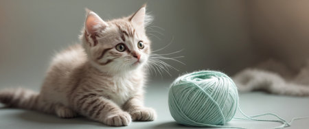 AI Generated. Aesthetic Image of a Playful Kitten with a Ball of Yarnの素材
