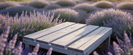 AI Generated. Serene Wooden Platform Surrounded by Lavender Blooms and Shadowsの素材