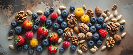 AI Generated. Colorful Berry and Nut Assortment on Rustic Backgroundの素材