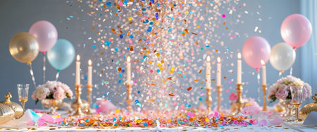 AI Generated. Colorful Confetti Falling on Table with Golden Party Decorationsの素材