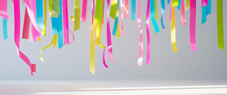 AI Generated. Colorful Ribbons and Streamers Hanging in a Bright Celebration Sceneの素材