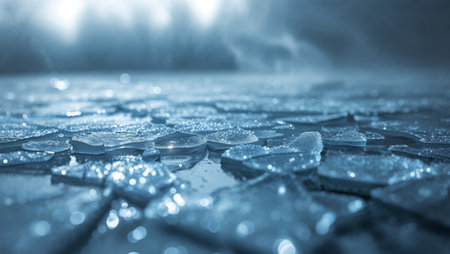 AI Generated. Cracked ice texture with blue tones and glimmering surfaces in cold environmentの素材