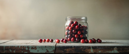 AI Generated. Cranberries in jar on rustic kitchen counter with blurred backgroundの素材