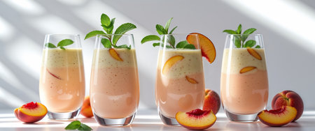 AI Generated. Contemporary stemless glasses filled with peach mint smoothie on a bright light background with peach slices and fresh mint garnish casting soft shadowsの素材