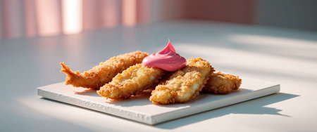 AI Generated. Crispy Battered Fish Portions Served With Pink Sauceの素材