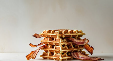 AI Generated. Crispy waffles layered with bacon stripsの素材