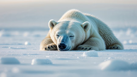 AI Generated. Cute polar bear sleeping soundly on the ice and snowの素材