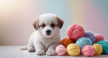 AI Generated. Cute Puppy Sitting Next to Colorful Yarn Balls on a Soft Pastel Backgroundの素材