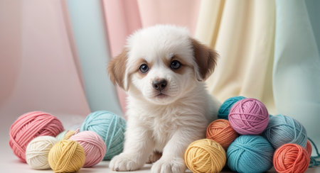 AI Generated. Cute Puppy Sitting Next to Colorful Yarn Balls on a Soft Pastel Backgroundの素材
