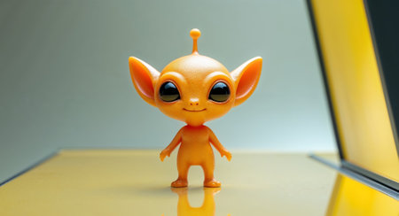 AI Generated. Cute orange alien figurine standing on shiny surface with yellow backdropの素材