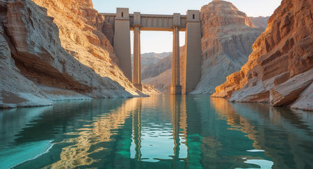 AI Generated. Dam pillars reflected in calm turquoise waters surrounded by rocky landscapeの素材