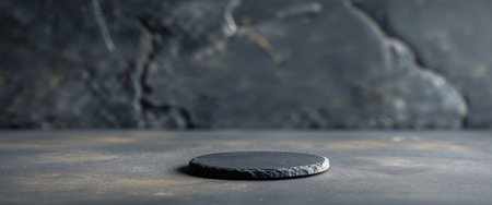 AI Generated. Dark stone background with round slate coasterの素材