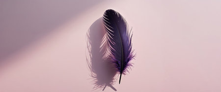 AI Generated. Dark purple feather casting shadow on a pastel pink backgroundの素材