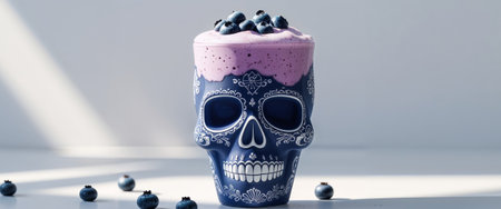 AI Generated. Delicious blueberry smoothie presented in a skull shaped glassの素材