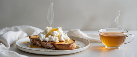 AI Generated. Delicious toast topped with creamy ricotta cheese and honey served with a warm cup of tea ideal for food blogs and recipesの素材