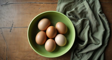 AI Generated. A green bowl filled with brown eggs sits atop a wooden table alongside a green clothの素材