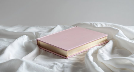 AI Generated. A pink book with a gold spine sits on a white clothの素材