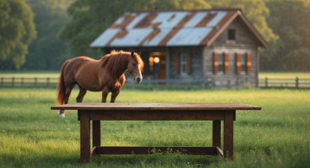 AI Generated. Empty Wooden Table with Blurred Farm Background featuring Horse and Cabin in a Fieldの素材