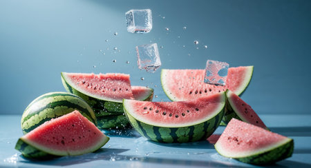 AI Generated. Fresh Watermelon Slices with Ice Cubes Splashing in Blue Backgroundの素材