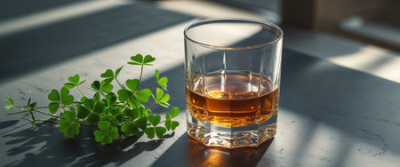 AI Generated. Golden whiskey in a glass next to fresh green clovers on a dark surfaceの素材