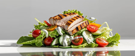 AI Generated. Grilled Chicken and Fresh Vegetable Salad with Creamy Dressingの素材