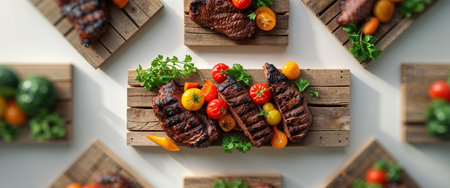 AI Generated. A top view captures fresh meat and vegetables on a grill situated on wooden planksの素材