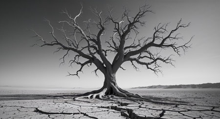 AI Generated. A lone resilient tree with expansive roots thriving in the barren desertの素材