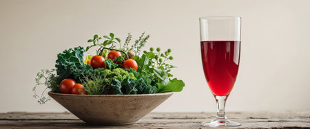 AI Generated. A glass of red liquid sits on a wooden table next to a bowl of vegetablesの素材