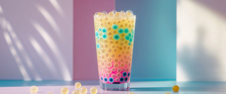 AI Generated. Colorful bubble tea with tapioca pearls in tall glassの素材