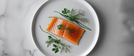 AI Generated. Closeup of a slice of smoked salmon garnished with herbs for culinary presentationの素材