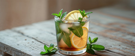 AI Generated. Iced Tea with Lemon and Mint on Wooden Tableの素材