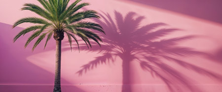 AI Generated. Leafy green palm tree casts a shadow on a pink wallの素材