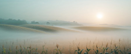 AI Generated. Misty Morning Over a Sprawling Cornfieldの素材