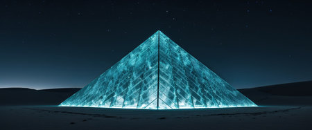 AI Generated. Mysterious pyramid of glass glowing in the desert nightの素材