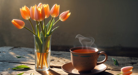 AI Generated. Orange tulips with a cup of tea on a sunlit tableの素材