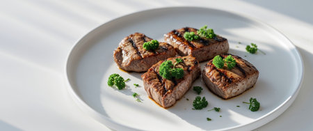 AI Generated. Plate of food with three pieces of meat and parsley on topの素材