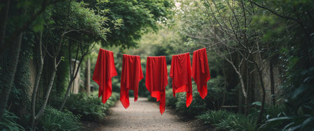 AI Generated. Serene Garden Path with Bright Red Hanging Clothsの素材