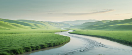 AI Generated. Serene Green Valley with Flowing Stream and Rolling Hillsの素材