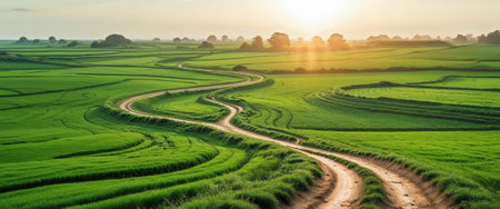AI Generated. Serene Rural Landscape with Winding Path Lush Green Fields and Warm Morning Sunshineの素材