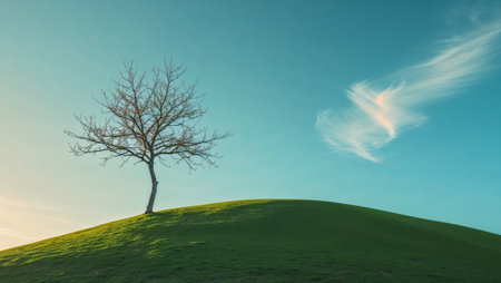 AI Generated. Solitary tree on green hill under clear blue skyの素材