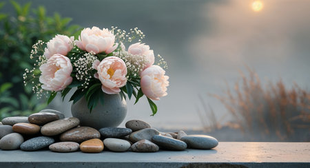 AI Generated. Spa serenity with floral arrangement and smooth stones outdoorsの素材
