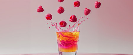 AI Generated. Splashes of juice in a glass and raspberries falling from above on a pink backgroundの素材