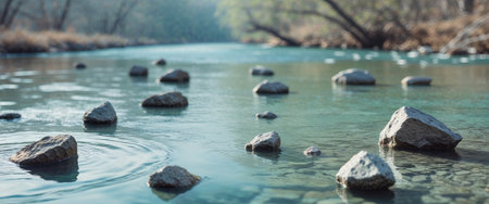 AI Generated. The water is clear and the rocks are scattered throughout the riverの素材