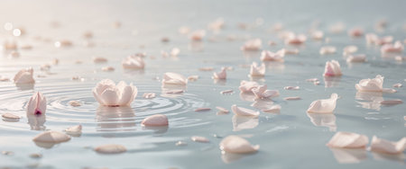 AI Generated. Tranquil Water Surface Covered with Floating White Flower Petalsの素材
