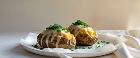 AI Generated. Two Baked Potatoes Topped with Melted Cheese and Fresh Herbsの素材