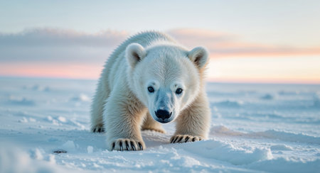 AI Generated. Adorable Polar Bear Cub Rolling in Snowy Arctic Landscapeの素材