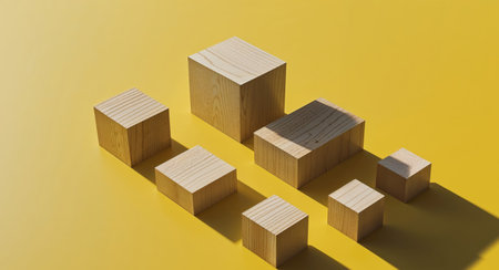AI Generated. Abstract wooden blocks on bright yellow background for design conceptsの素材