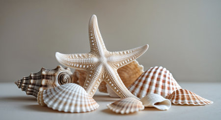 AI Generated. Vintage Nautical Decor with Starfish and Shellsの素材