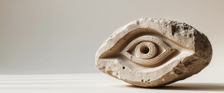 AI Generated. Ancient carvings showcase intricate eye design on ancient stone artifact from a historical archaeological siteの素材